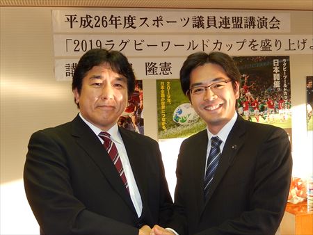 2019年に日本で開催されるラグビーワールドカップ(W杯)に向け、幹事を務める福岡県議会スポーツ議員連盟として元ラグビー日本代表の永田隆憲さんをお招きし、講演。